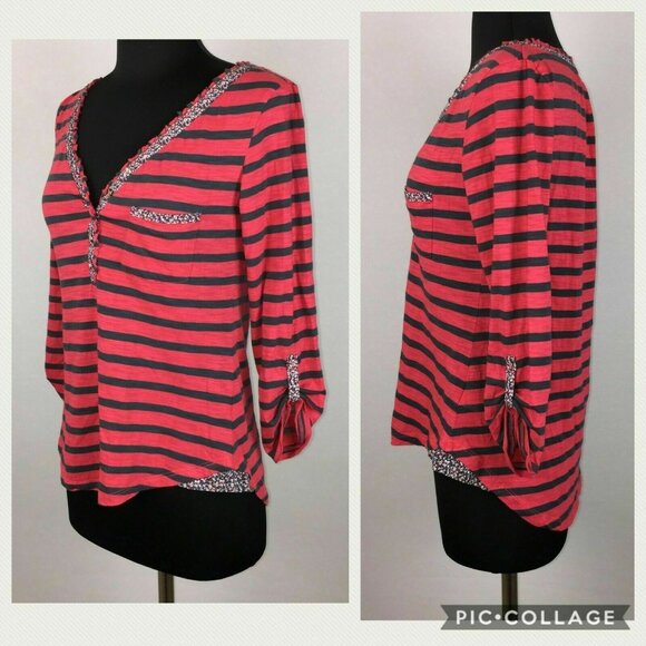 Anthropologie Postmark Henley Top Womens S Striped Floral Trim Roll Tab Sleeves - Picture 5 of 12